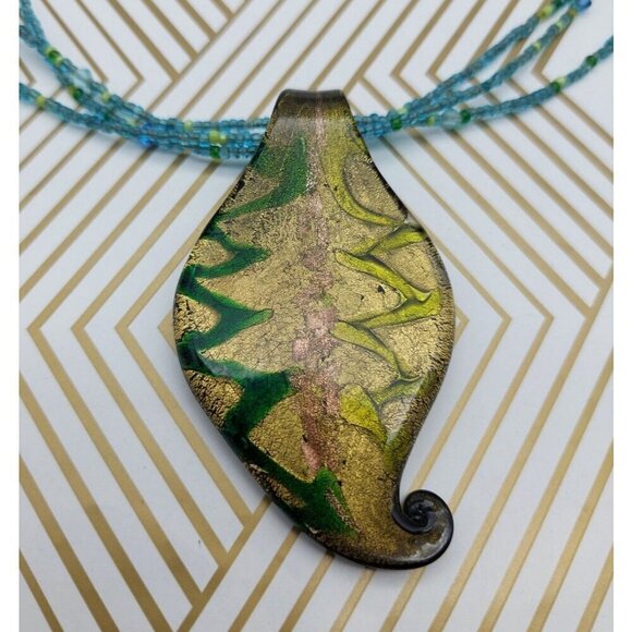 Multi Strand Tiny Blue Glass Seed Bead Necklace Art Glass Gold Foil Pendant 21" - Picture 7 of 7